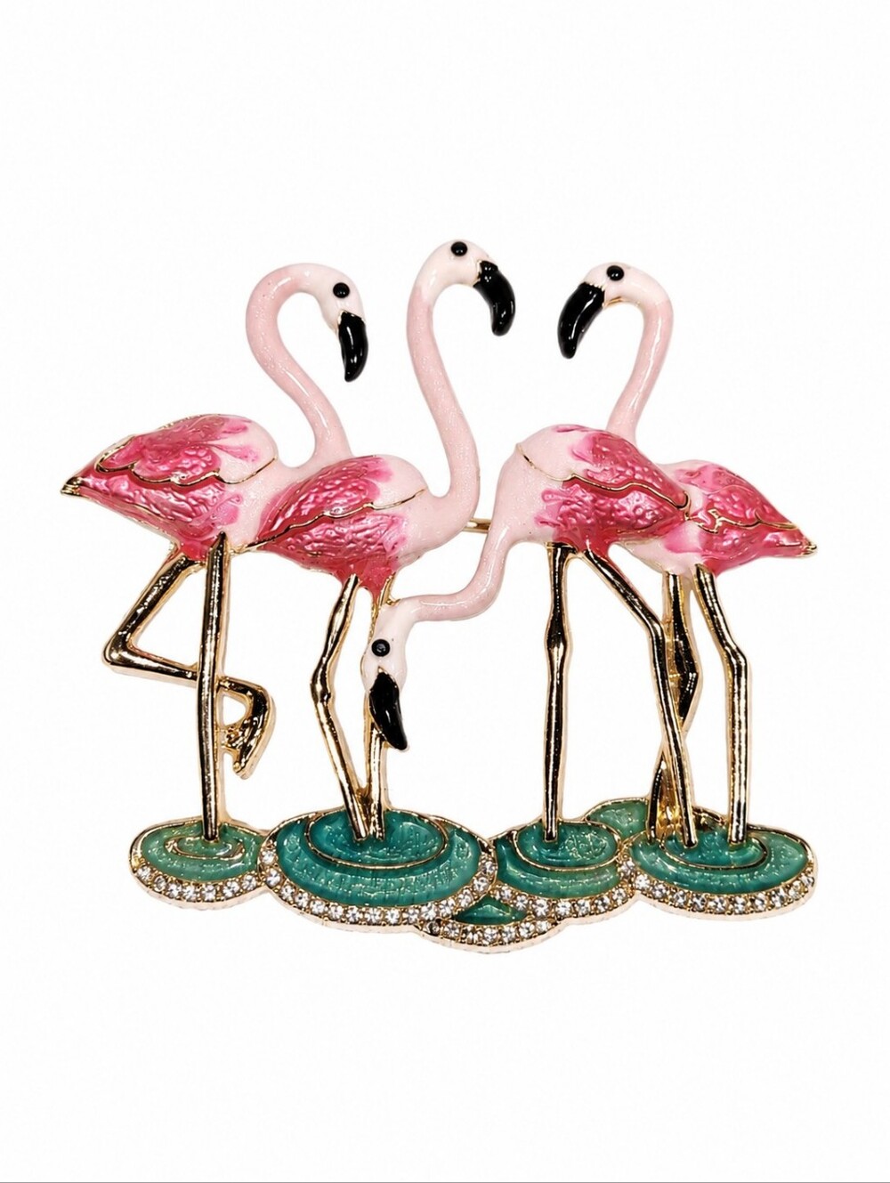 Napier Pink Flamingo Flock Rhinestone Enamel Gold Tone Brooch Pin 2"